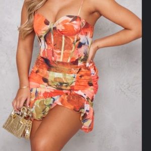 Orange Floral Print Corset Frill Hem Bodycon Dress